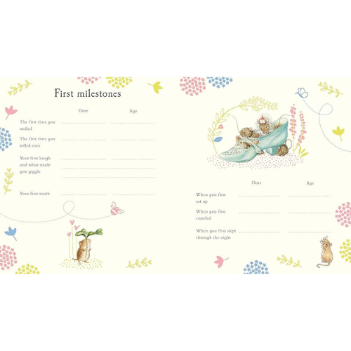 First milestones record with illustrations of children and a boat on a white background