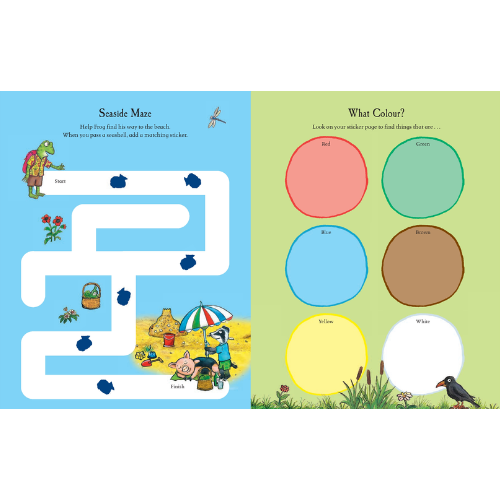 Educational children's book with maze and color recognition activities on a white background