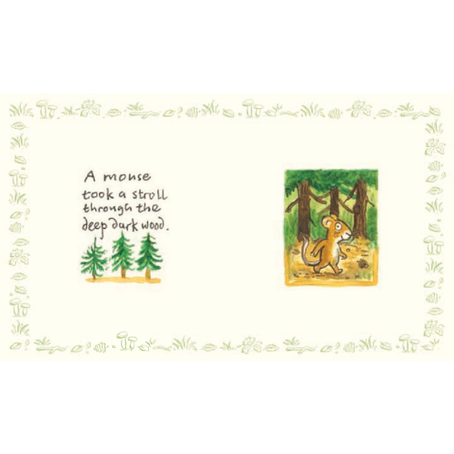 Illustration of a mouse in a forest with text on a decorative border.