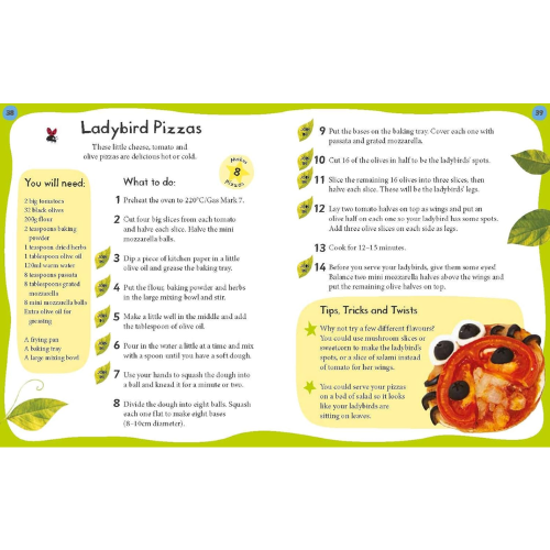 Instructions for making ladybird pizzas with a visual of a pizza and ladybirds.