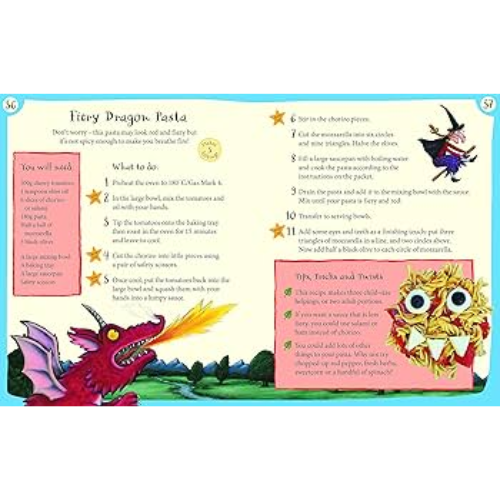 Colorful children's recipe card for 'Fiery Dragon Pasta' with illustrations and text.