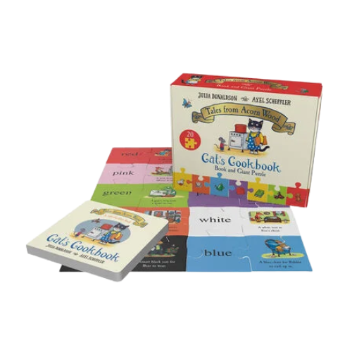 Cat's Cookbook book and puzzle set on a white background