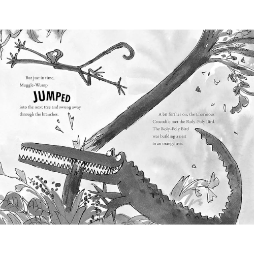 Illustration of a crocodile and bird in a tree with text