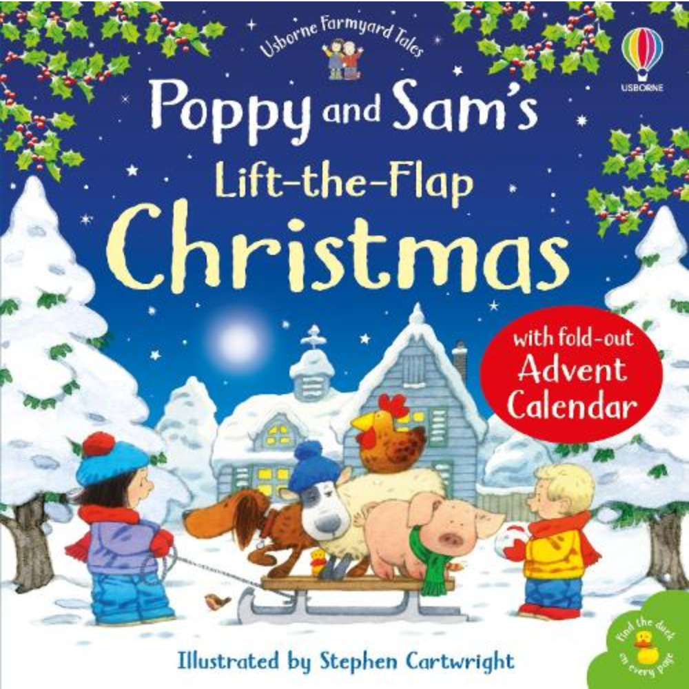 Book cover of 'Poppy and Sam's Lift-the-Flap Christmas' with a snowy scene and children on a sleigh.