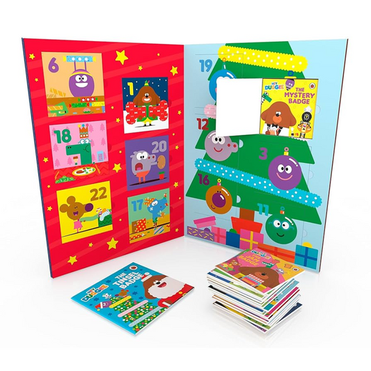 Children's Advent calendar with books and a tree design on a white background