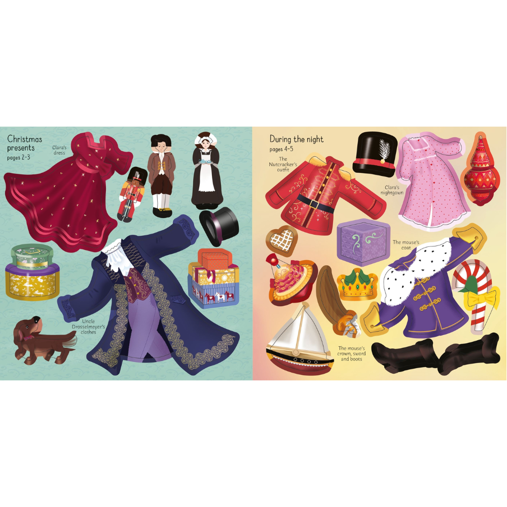 Illustrated clothing and accessories for a character, with text indicating different scenes.
