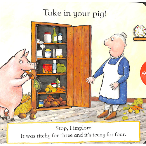 Illustration of a pig and a woman in a kitchen with a cabinet full of food.