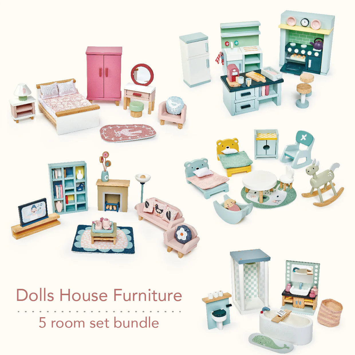 Dolls house furniture set with various rooms on a white background