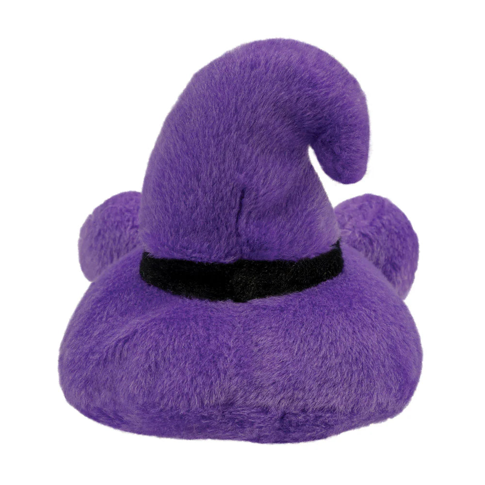 Purple plush duck with a black belt on a white background