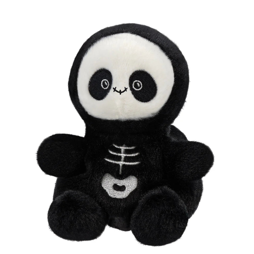 Plush toy panda in a black skeleton costume on a white background