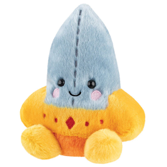Plush toy with a blue hood and yellow body on a white background