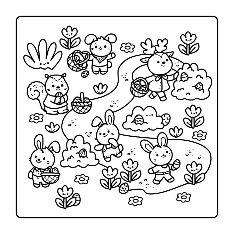 Black and white illustration of cartoon animals in a garden setting.