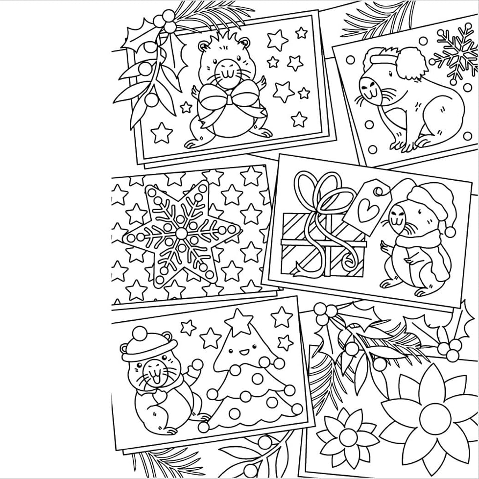 Collection of black and white Christmas-themed coloring pages on a white background