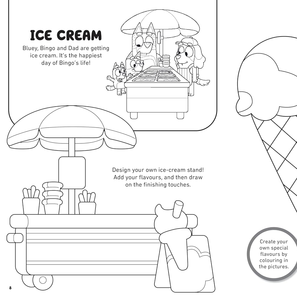 A children's coloring page featuring cartoon dog characters at an ice cream stand, with line drawings of ice cream cones and text prompts to color in the pictures.