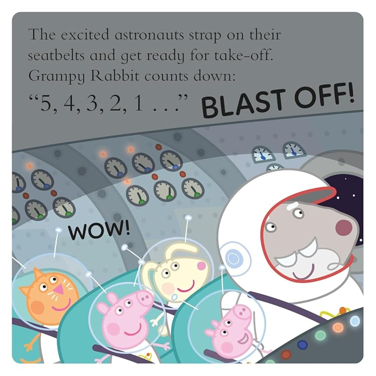 Children's book pages with astronauts and a rocket ship, featuring text and graphics.