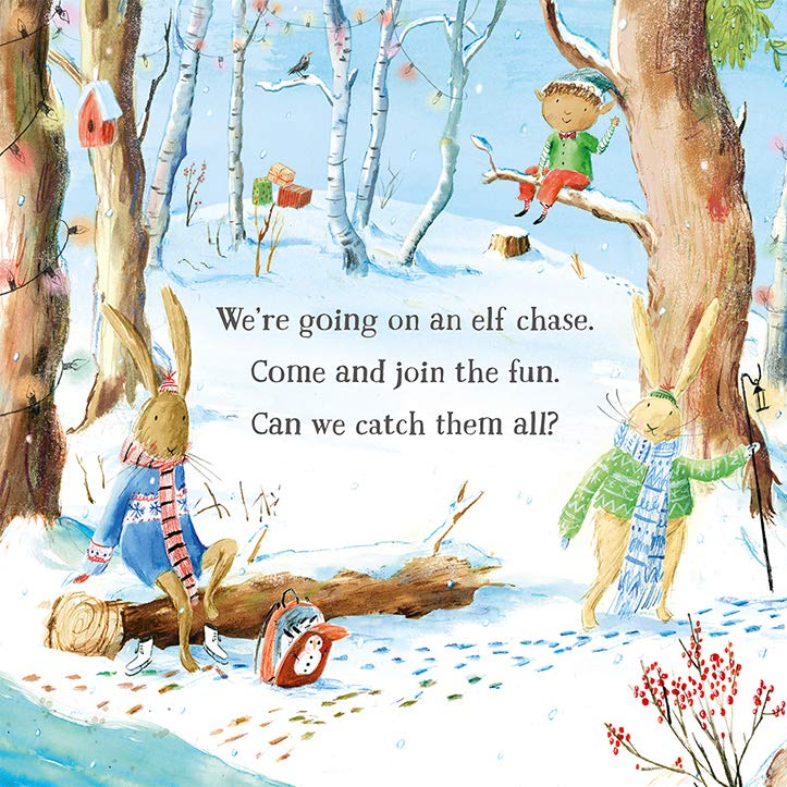 Illustrated book page with elves and rabbits in a winter forest setting.