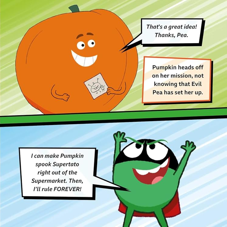 Cartoon characters with dialogue bubbles on a wooden background and a pumpkin character on a blue background.