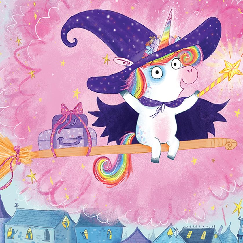 Illustration of a unicorn in a witch hat with a rainbow broom, in a magical village setting.