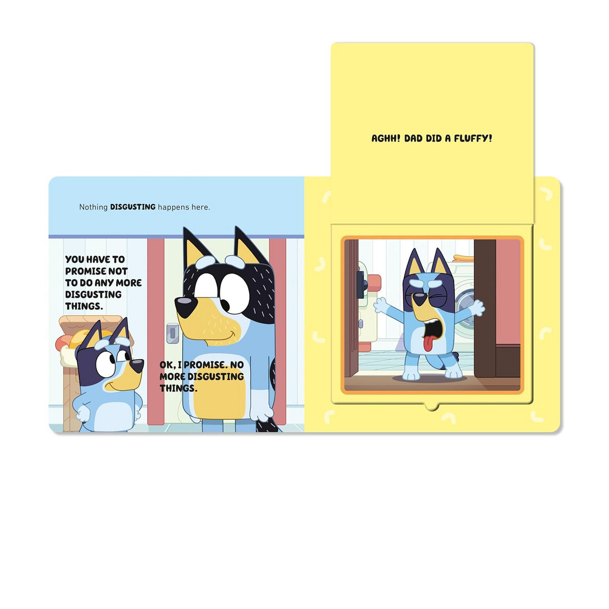 A Bluey-themed gag book shown flat on a white background, with a yellow tab on the right labeled 'AGH! DAD DID A FLUFFY!'. The left panel shows cartoon characters in a blue-and-yellow color scheme with text about not doing disgusting things.