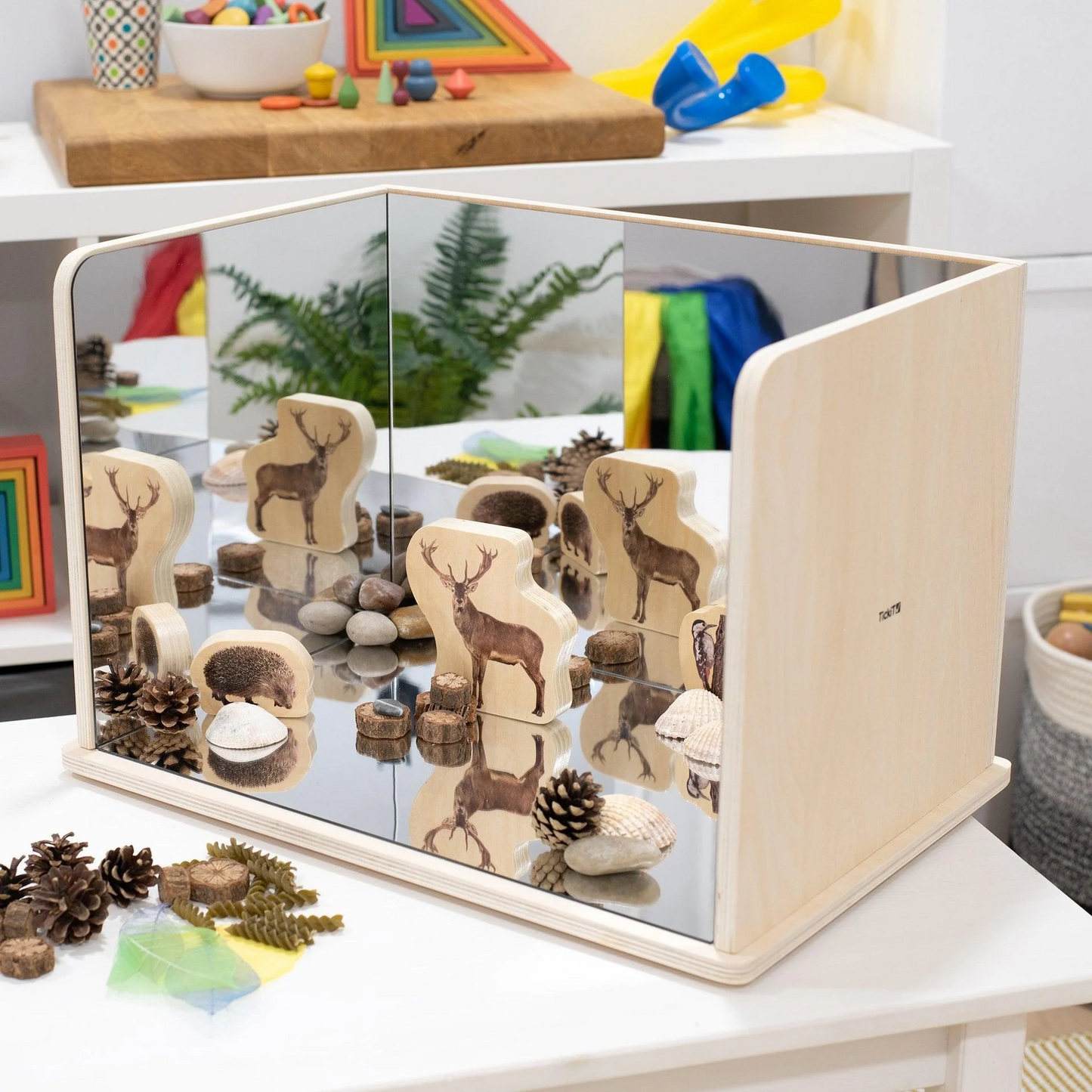 Wooden animal figurines in a case with mirrors on a white surface.