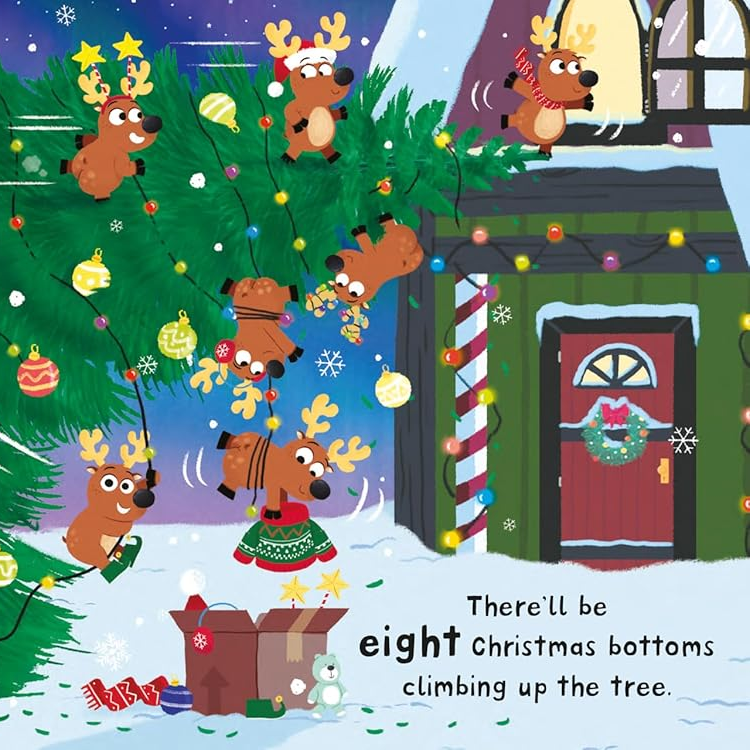 Illustrated Christmas scene with reindeer climbing a tree, featuring text and festive elements.