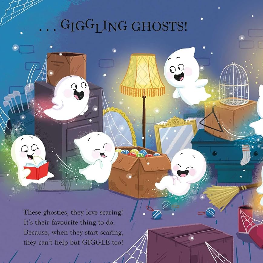 Illustration of giggling ghosts in a room with various objects.
