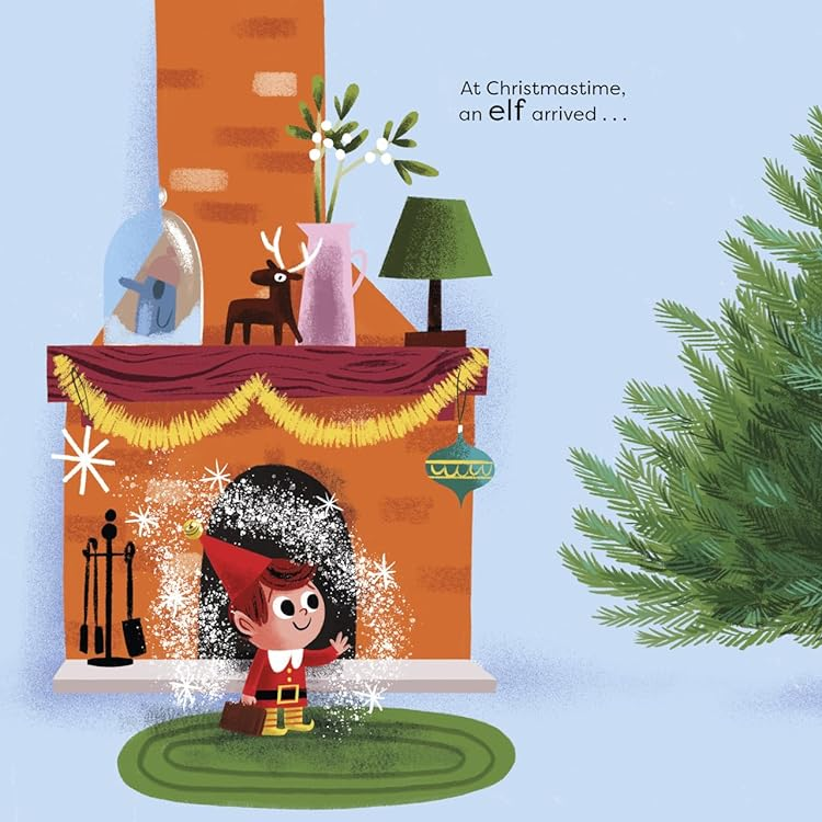 Illustration of a Christmas scene with a decorated tree, presents, and festive decorations.