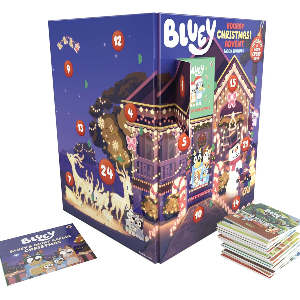 Bluey 'Holly Christmas! Advent Book Bundle' product box shown on a white background, with a small booklet in front and a stack of books to the right. The box features a festive illustrated house with numbered doors and holiday characters.