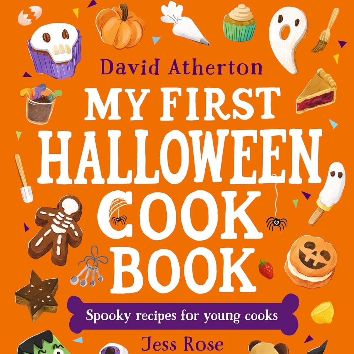 Book cover of 'My First Halloween Cookbook' with illustrations of Halloween-themed food and decorations on an orange background.