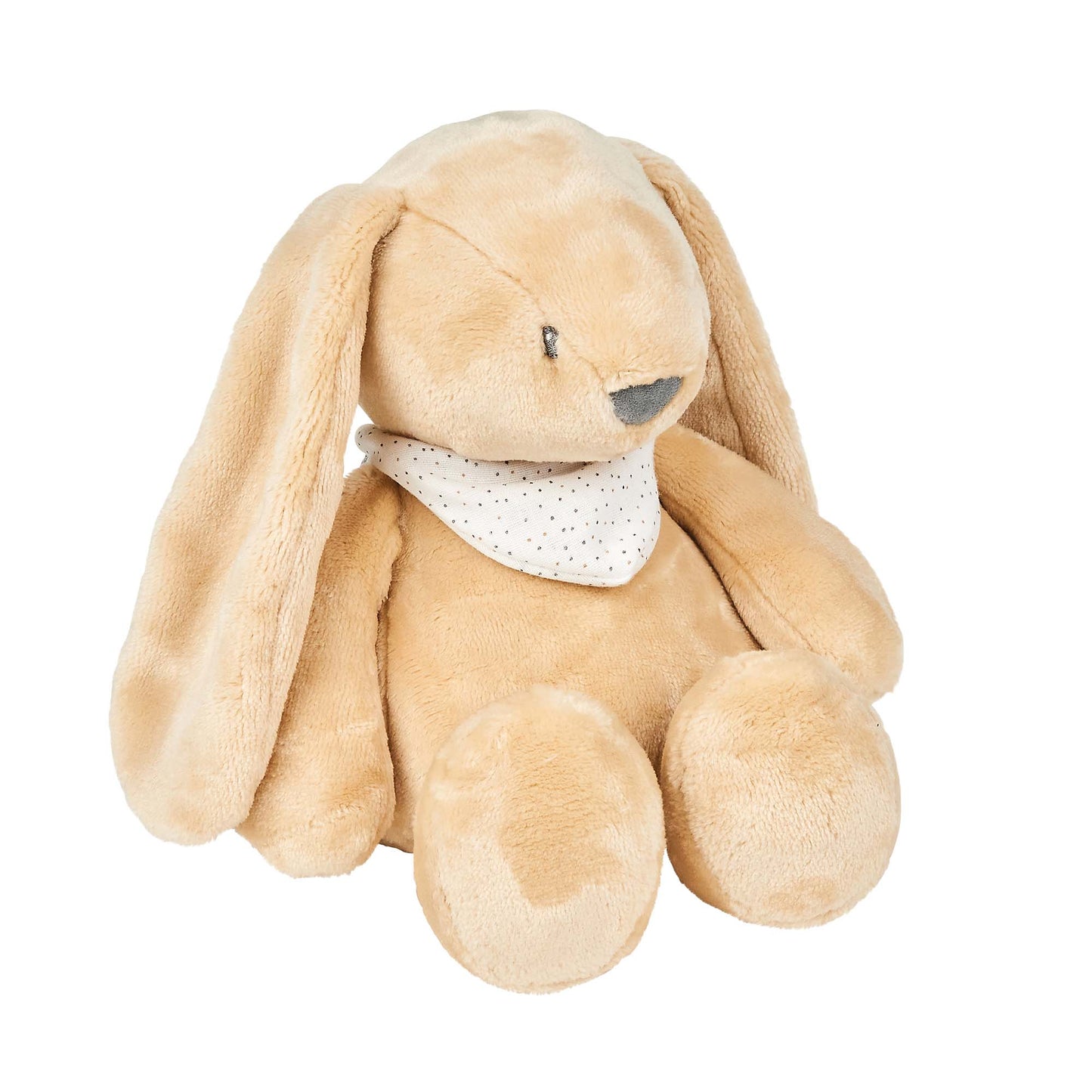 Beige plush bunny with a white bib on a white background
