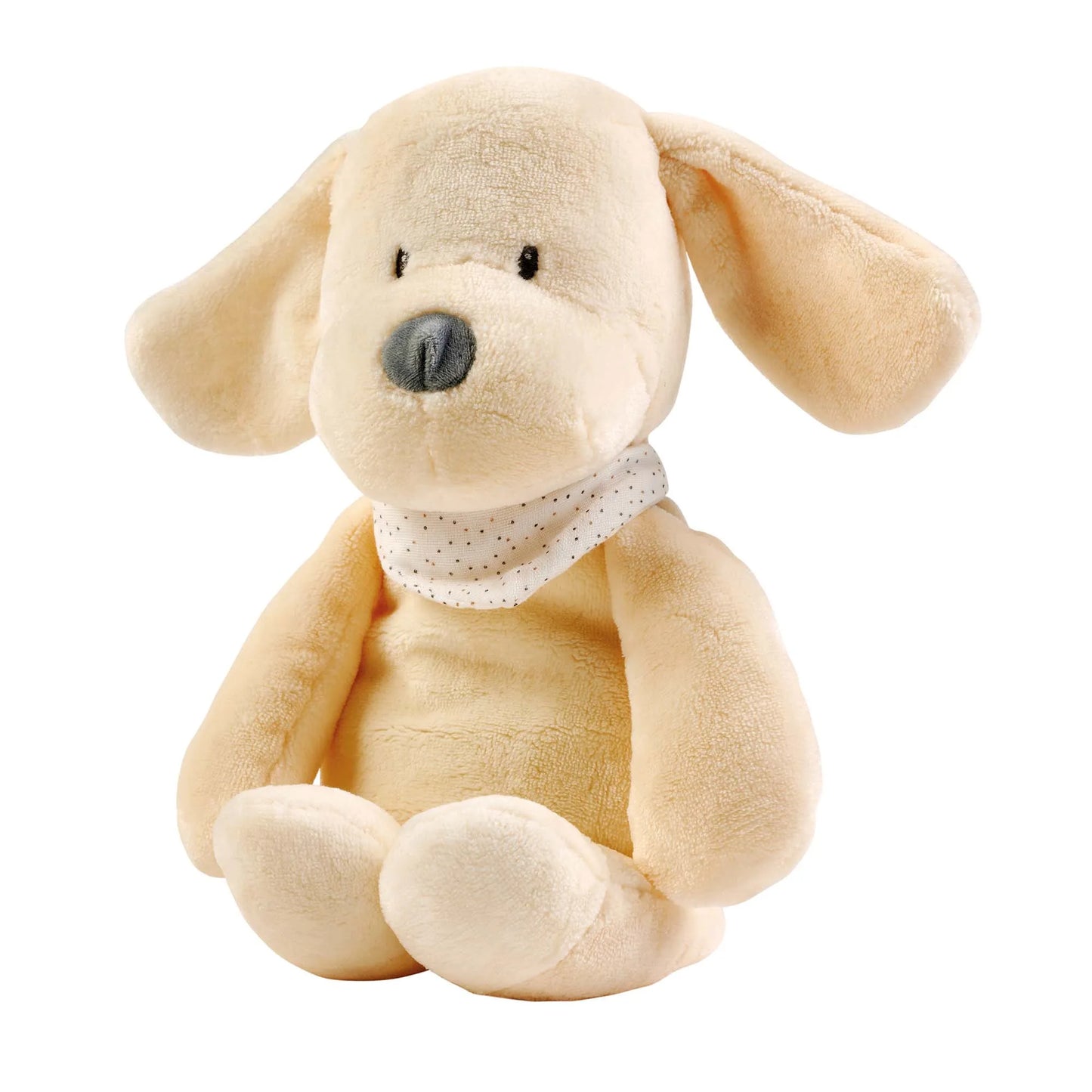 Beige plush dog toy with a white collar on a white background