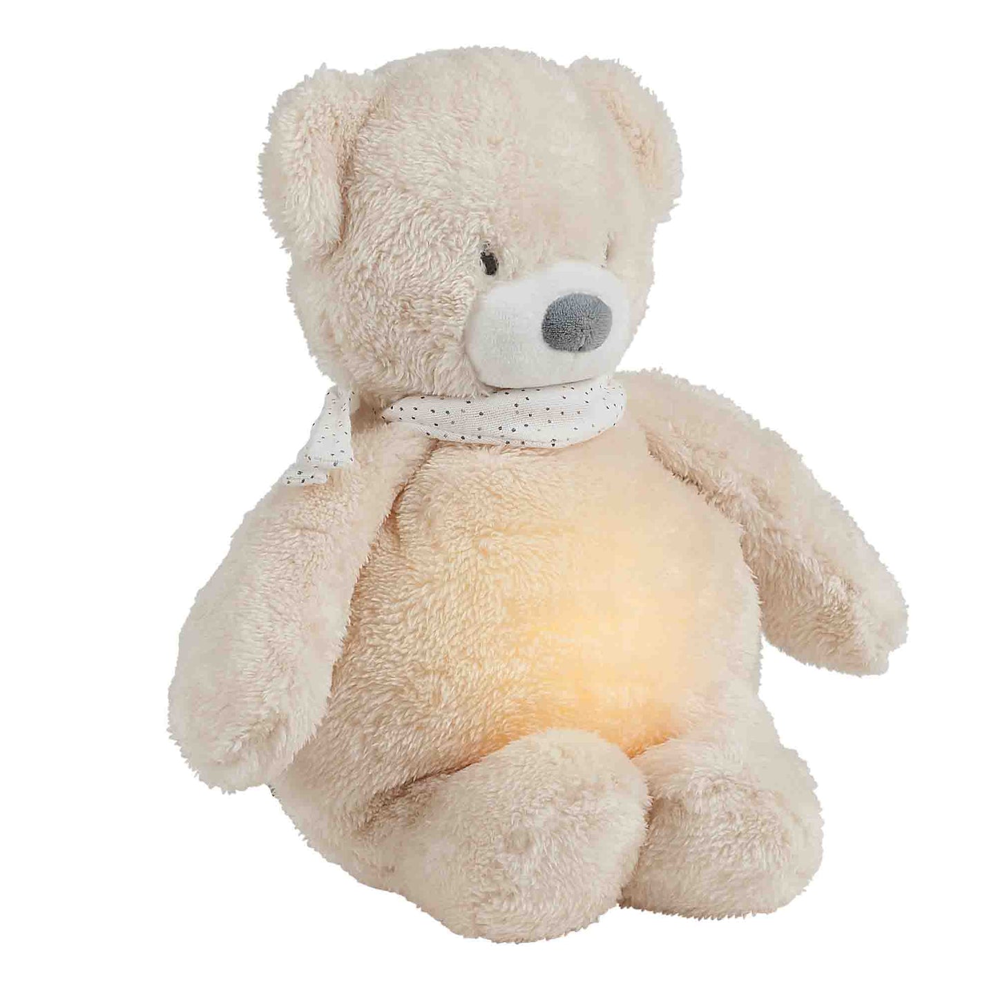 Beige teddy bear with a warm light inside on a white background