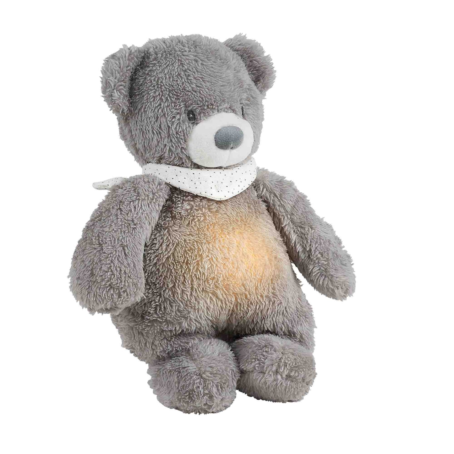 Gray teddy bear with a warm light inside on a white background