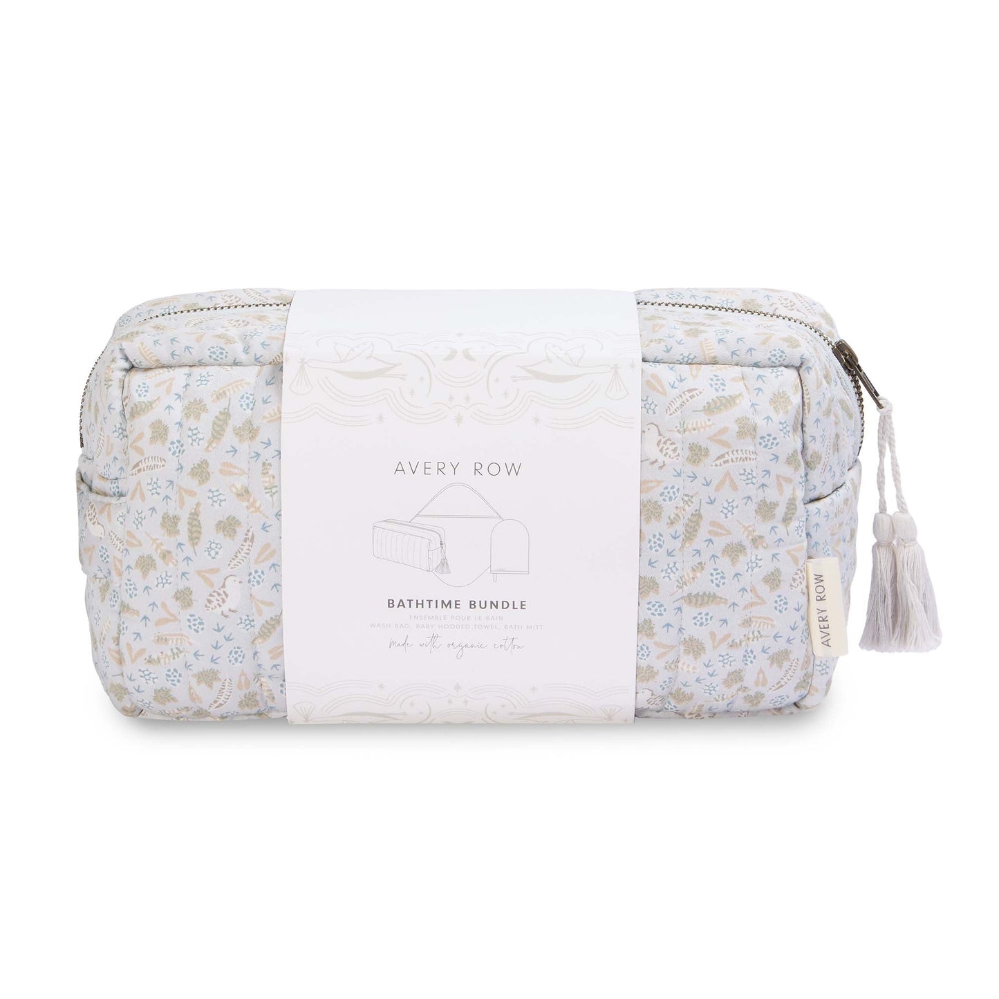 Floral-patterned toiletry bag with tassel on a white background, branded 'Avery Row'.