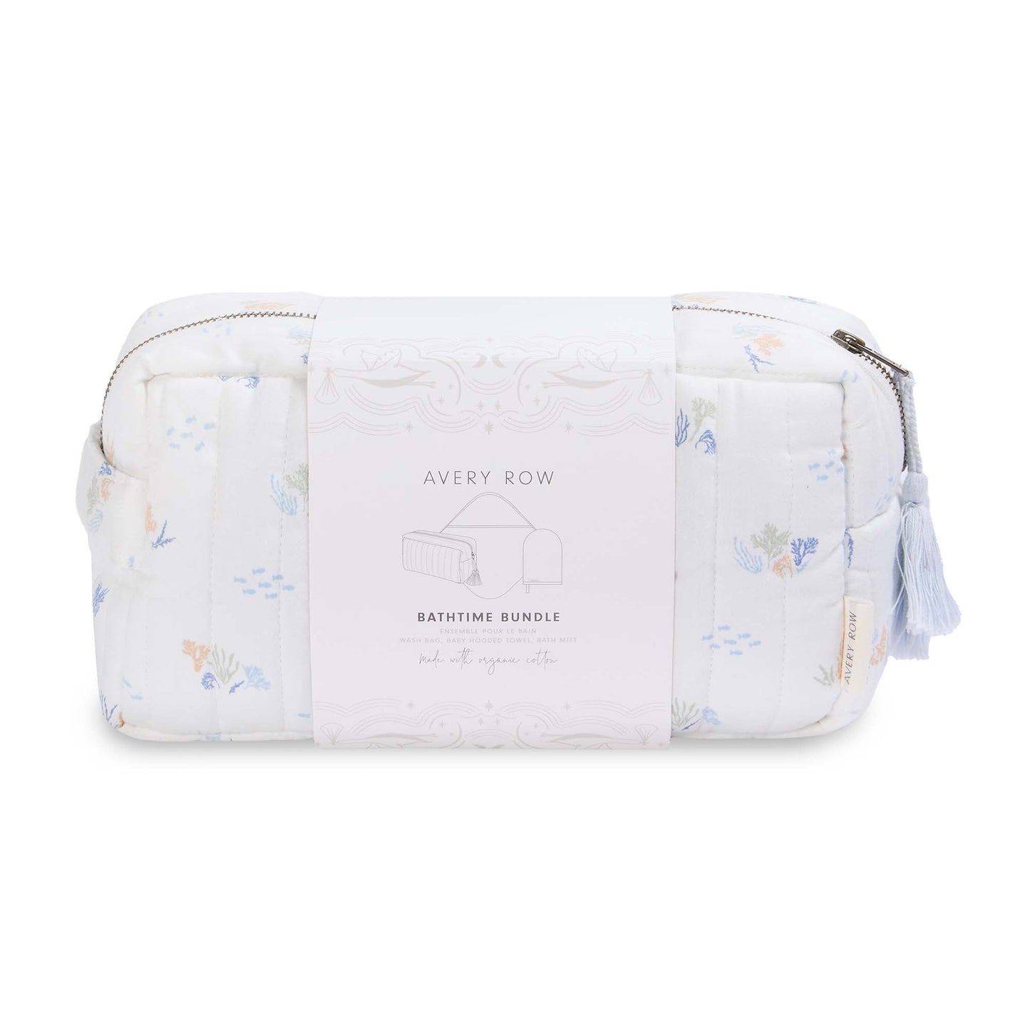 White toiletry bag with floral patterns and 'Avery Row' branding on a white background