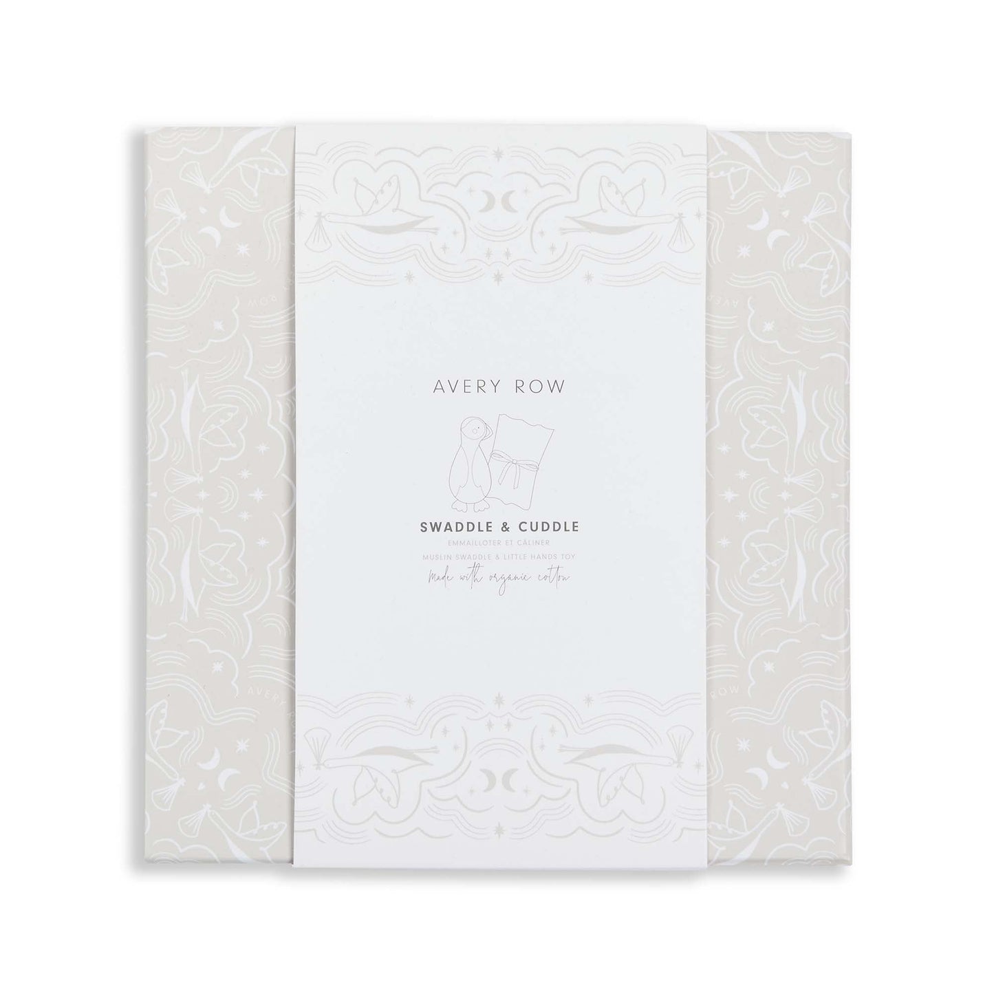 White baby swaddle blanket with 'Avery Row' branding on a white background