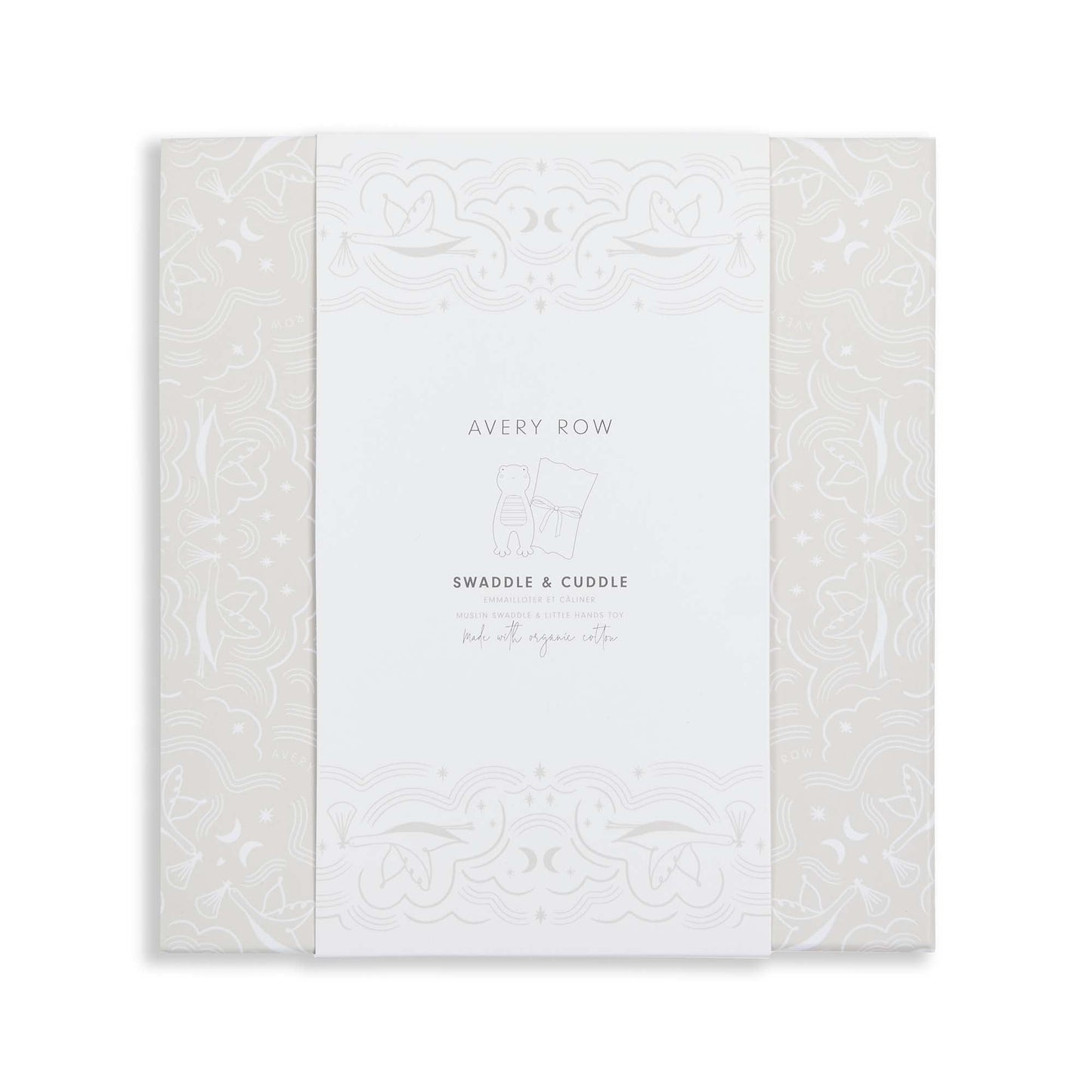 White baby blanket with intricate patterns and 'Avery Row' branding on a white background