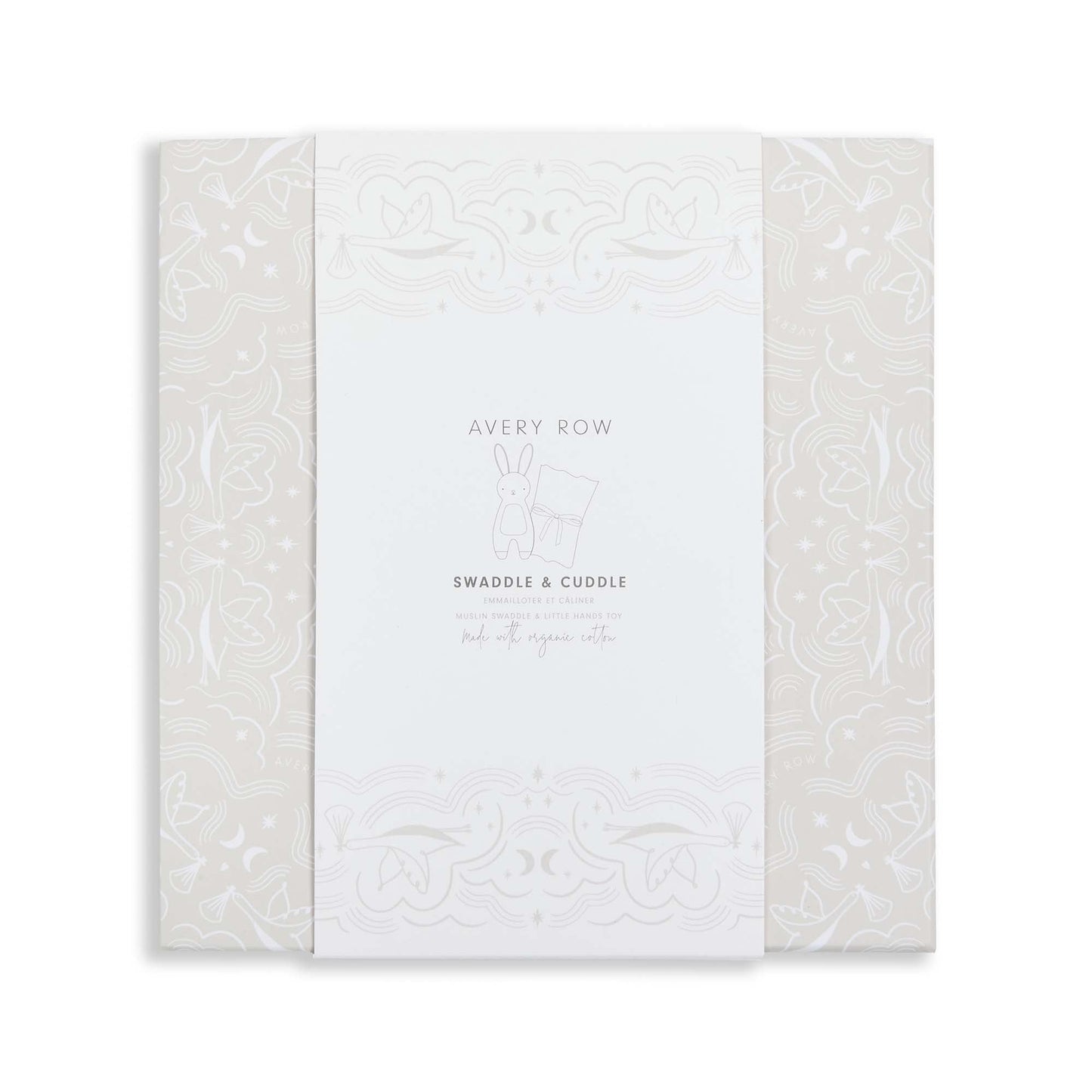 White baby blanket with subtle pattern and 'Avery Row' branding on a white background