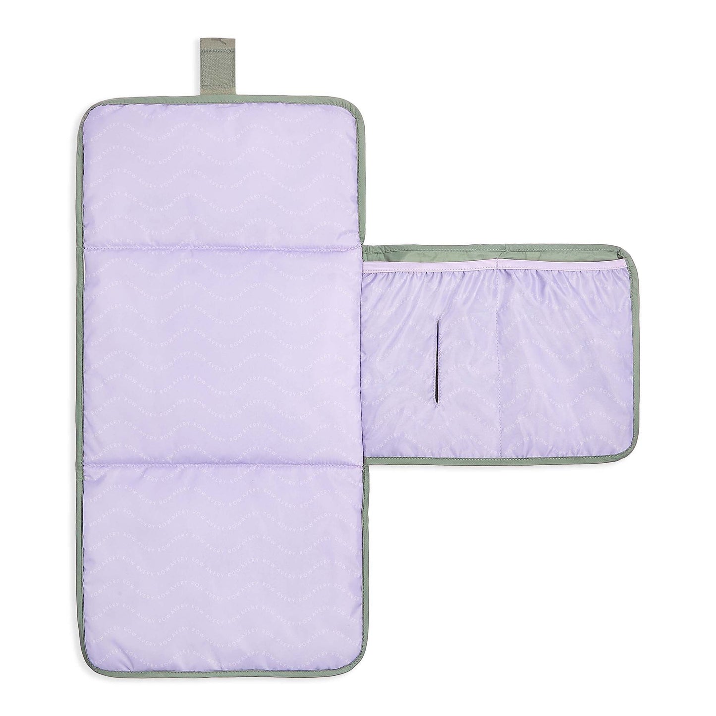 Purple diaper bag with a green strap on a white background