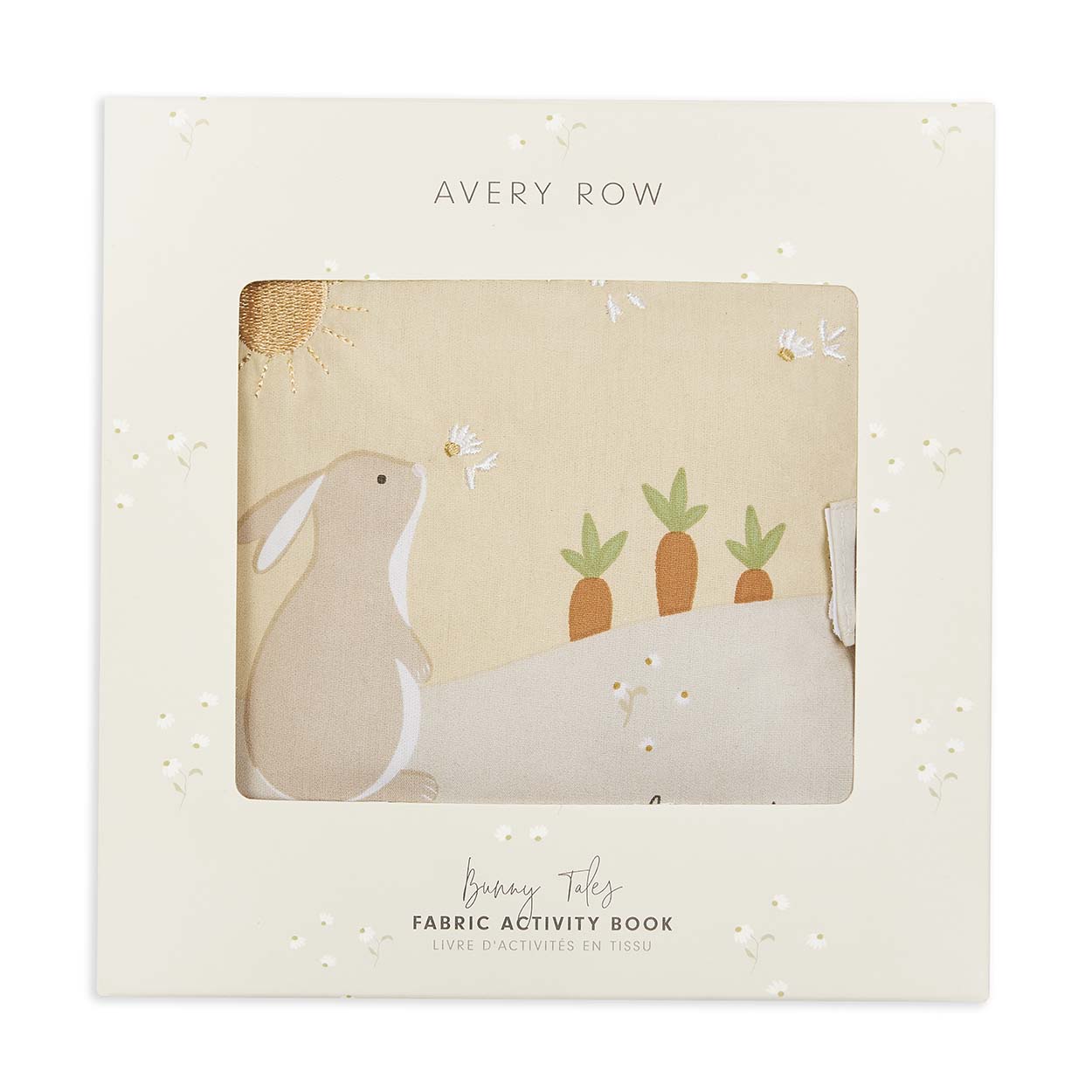Fabric activity book with bunny design on a beige background, featuring the brand 'Avery Row'.