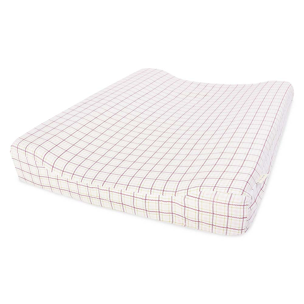Grid-patterned mattress cover on a white background