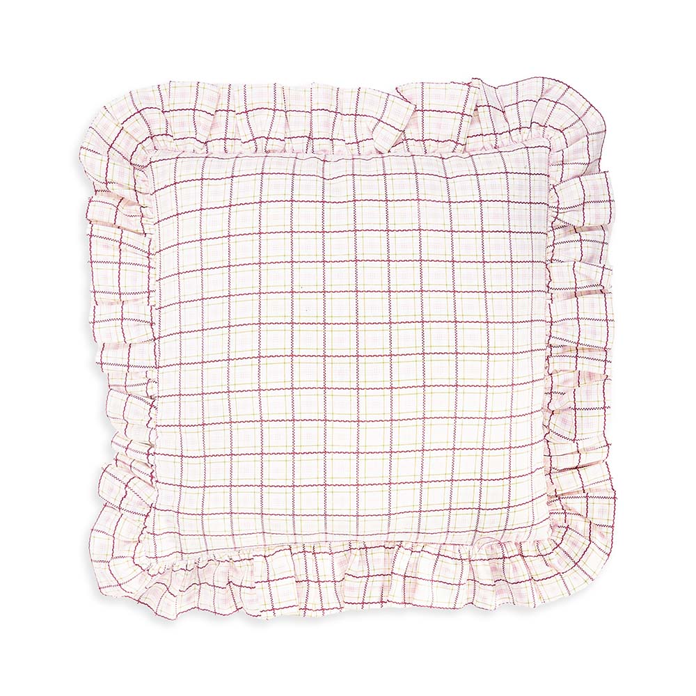 Checkered fabric square with ruffled edges on a white background