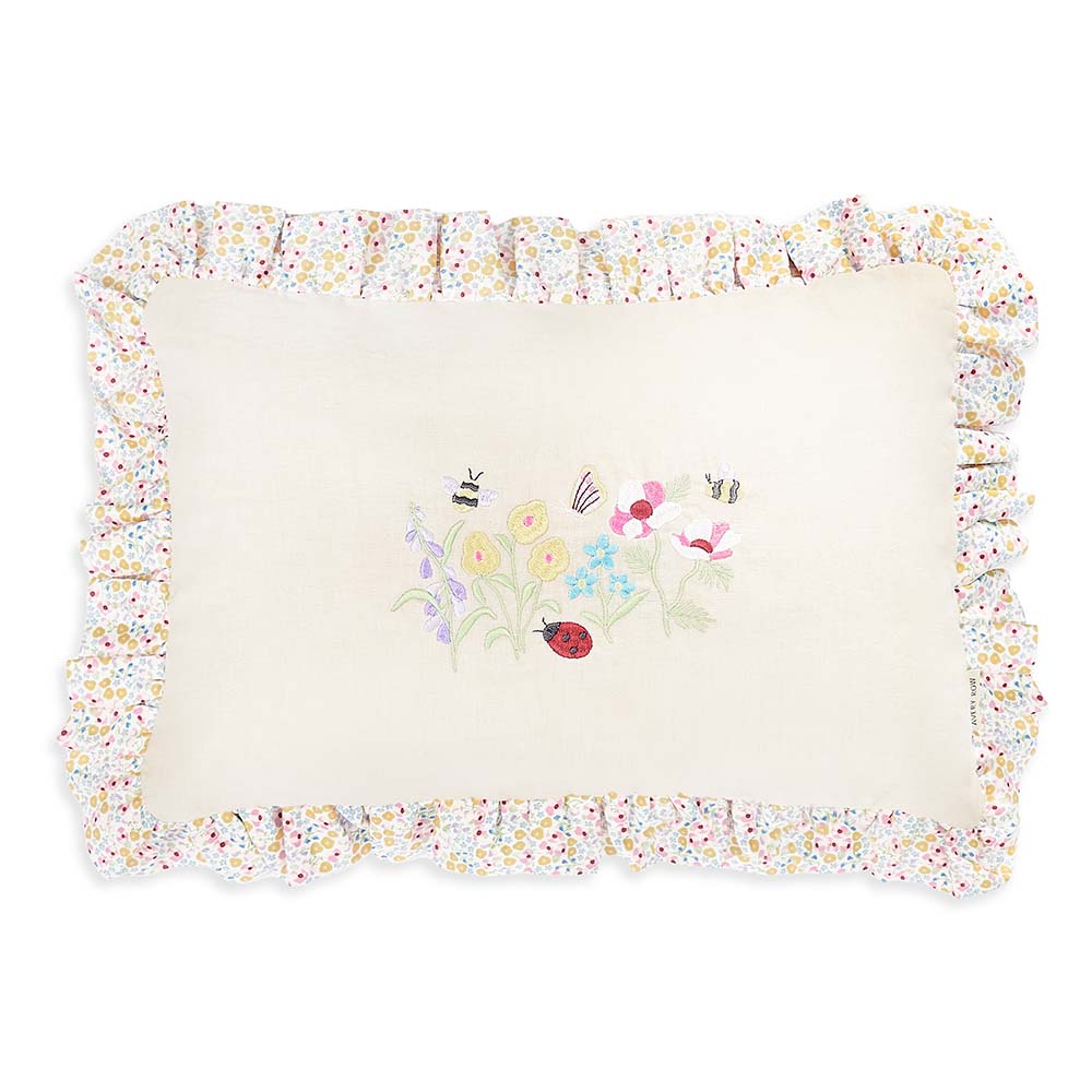 Decorative pillow with floral border and embroidered design on a white background