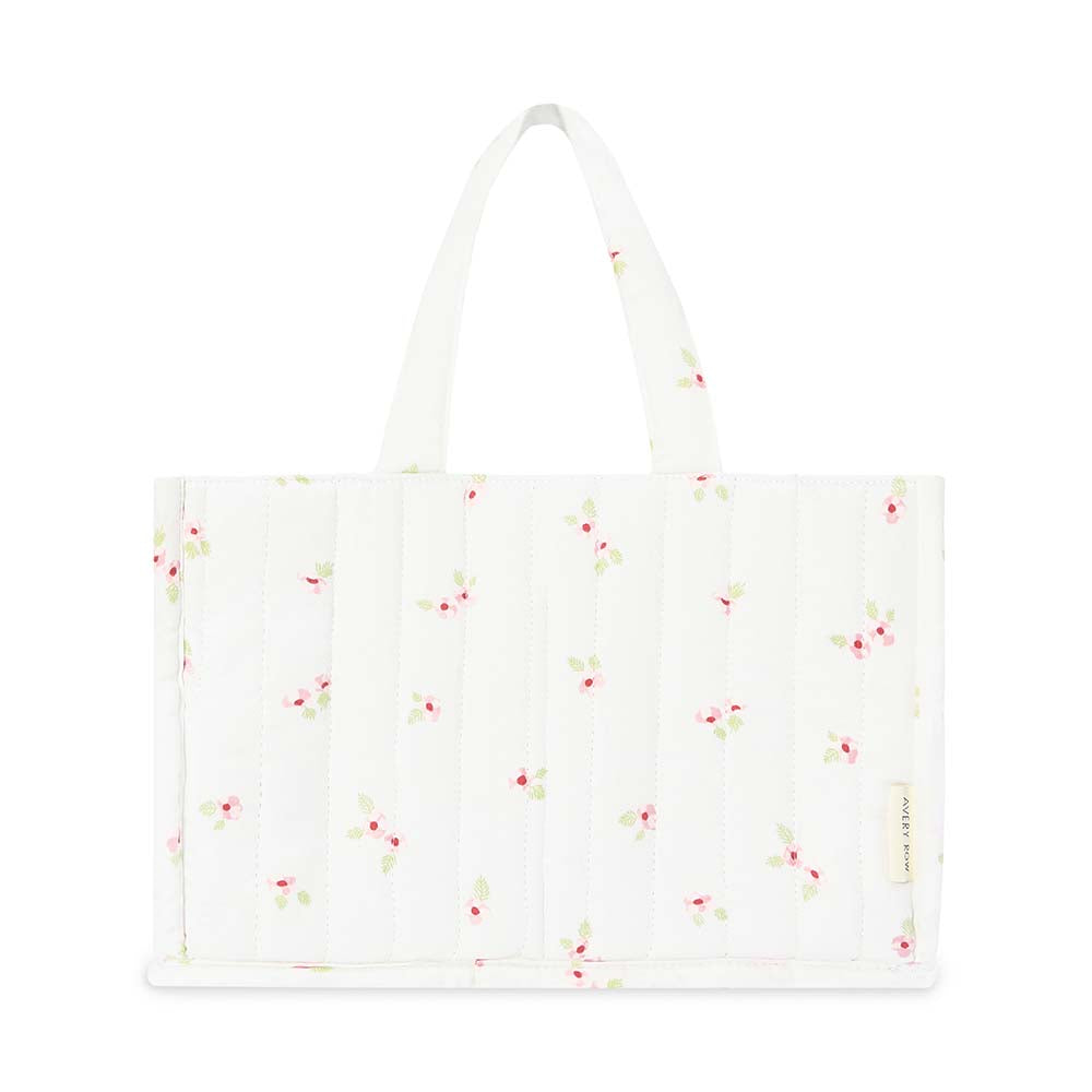 Floral-patterned tote bag on a white background