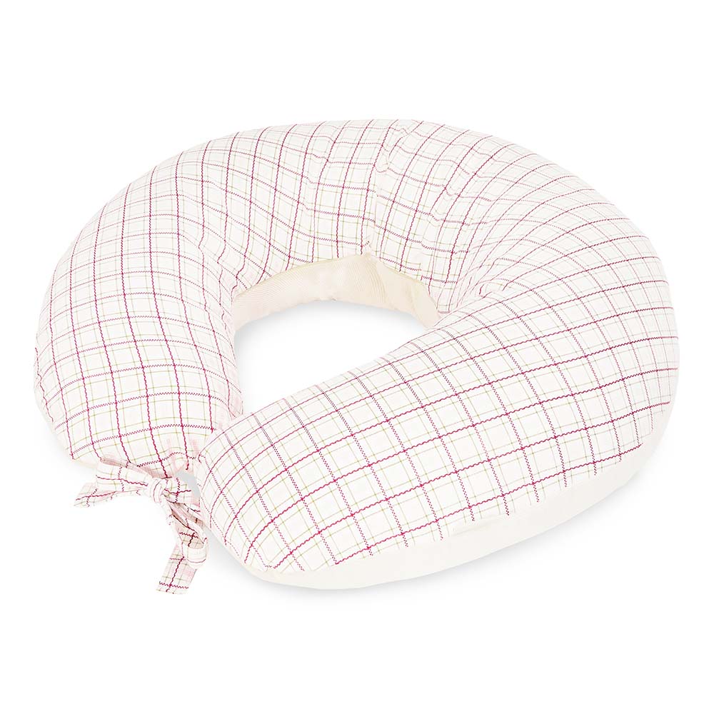Round pillow with pink checkered cover on a white background