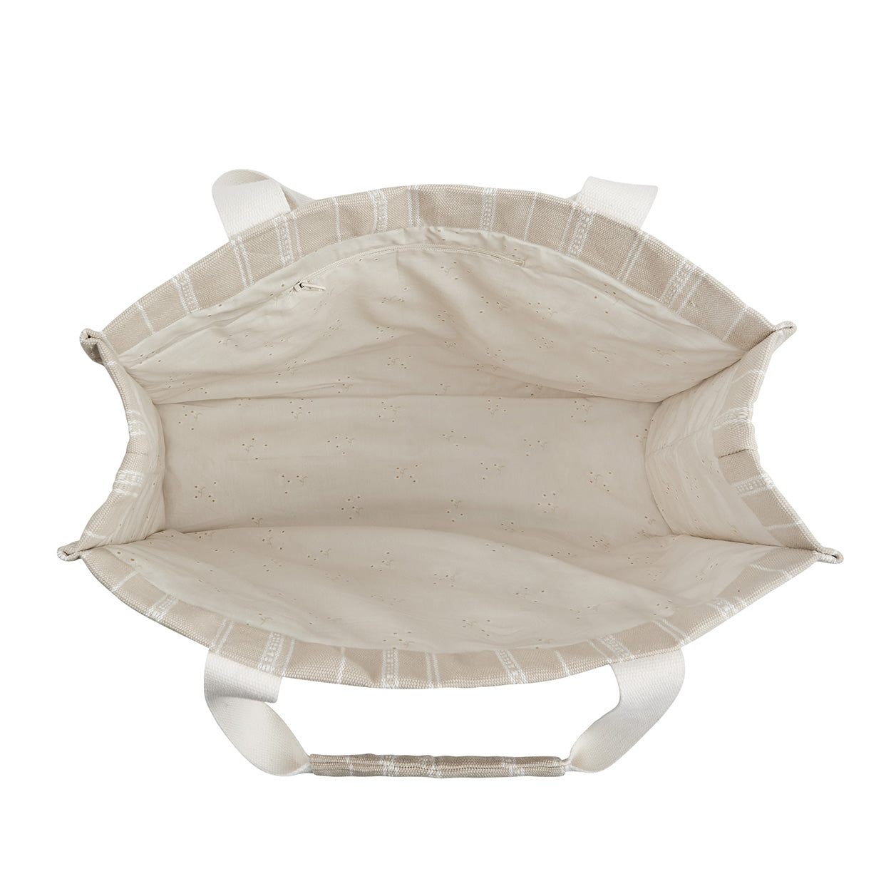 Beige woven bag with handles on a white background