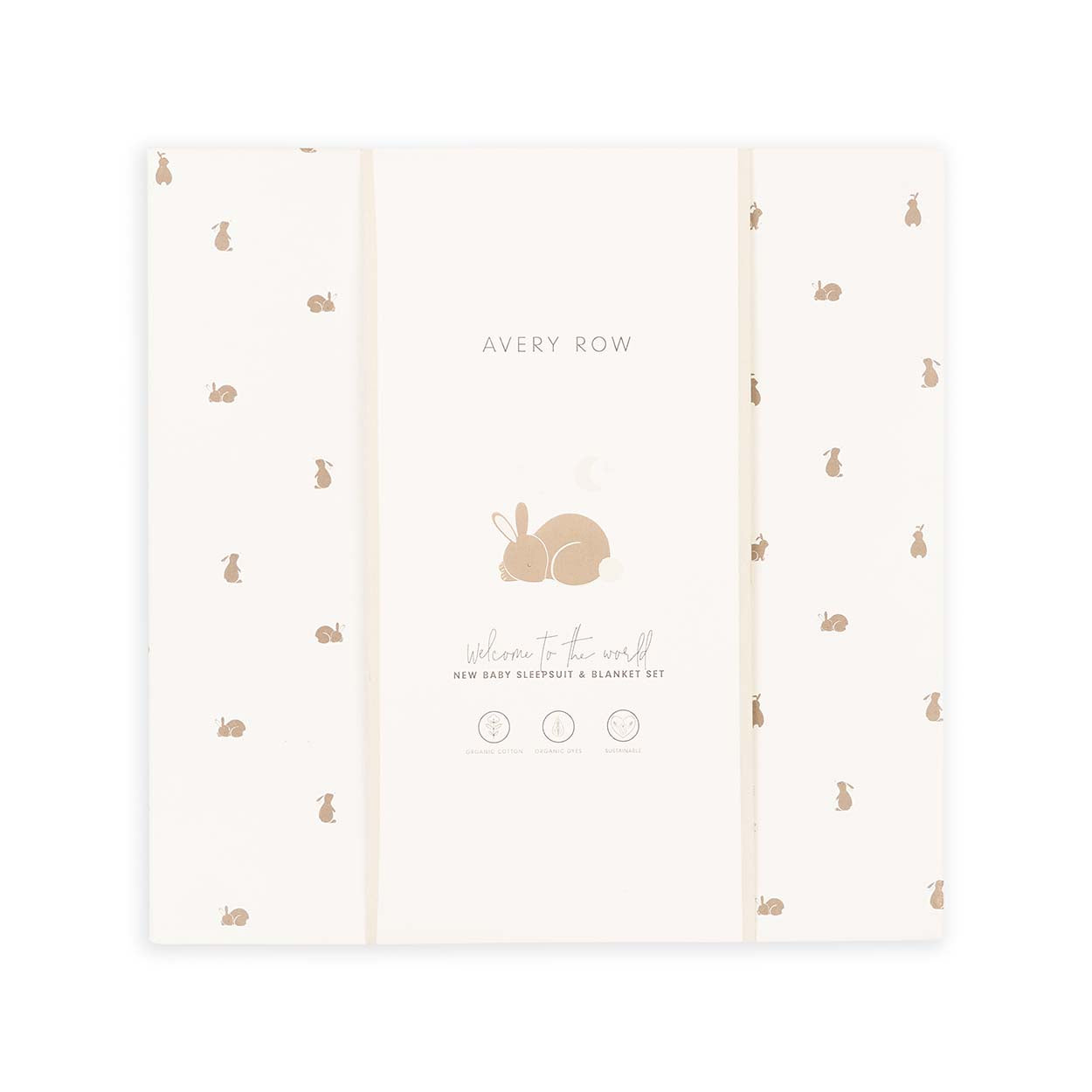 Baby shower invitation with gold bunny design and 'Avery Row' branding on a white background