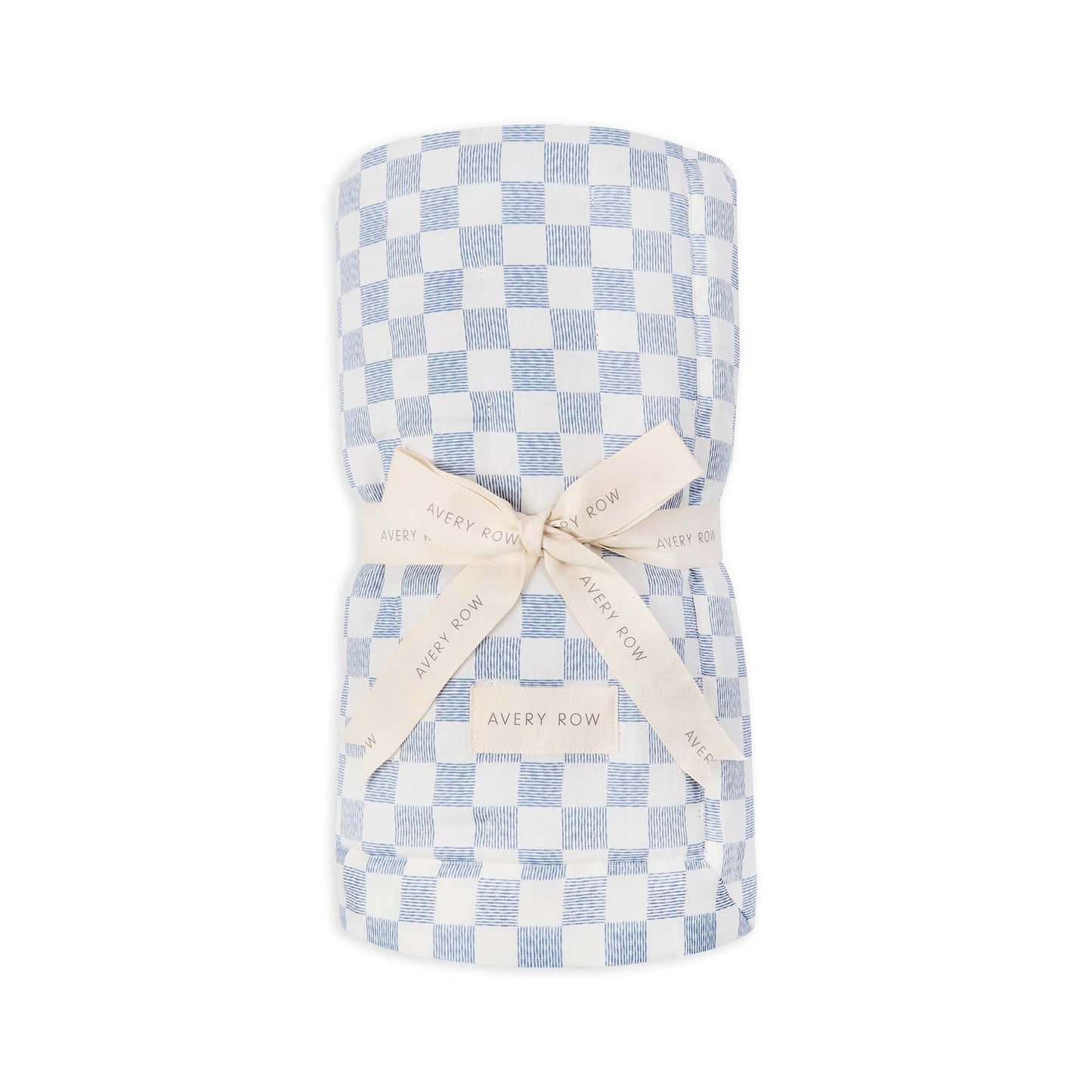 Checkered blanket with a bow and 'Avery Row' label on a white background