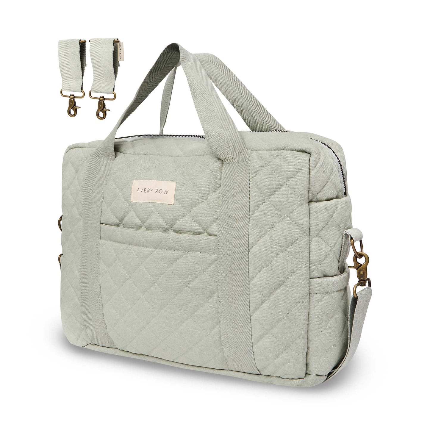 Light gray quilted bag with a visible brand name on a white background