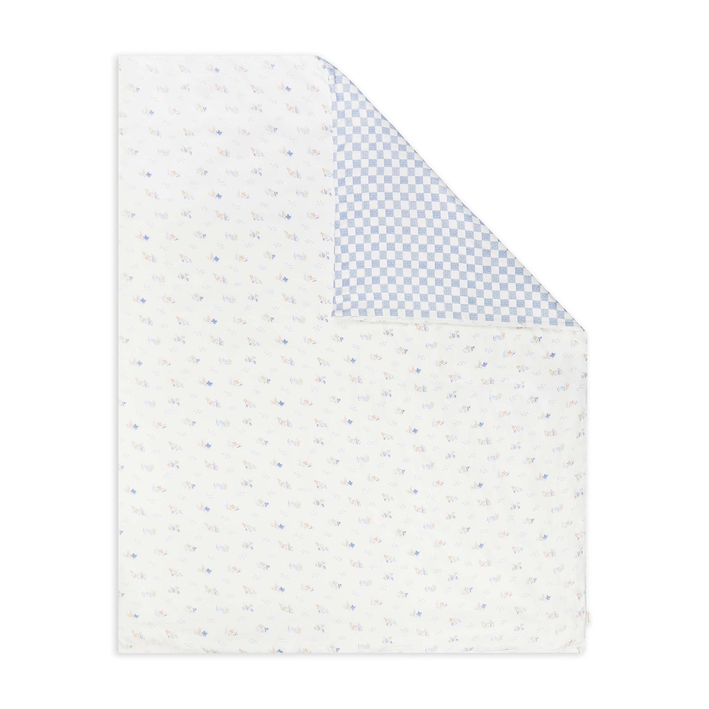 White blanket with blue checkered pattern on a white background